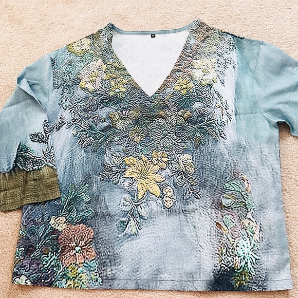 Artsweary Tops - Embroidered Print V-Neck Blouse in Blue and Green